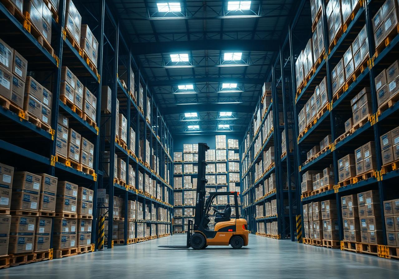 Enerlux Global wholesale battery warehouse with pallets and forklift
